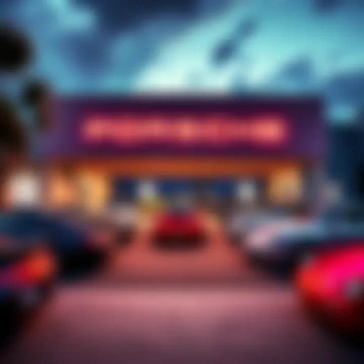 Exterior view of a Porsche dealership in Texas showcasing several Porsche 993 cars for sale