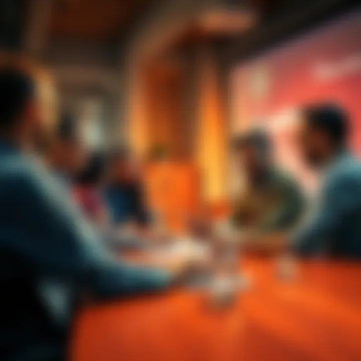 A group of people sharing ideas and feedback about a portfolio during a meeting, showcasing teamwork and collaboration.