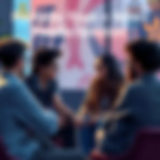 A group of people discussing art portfolios in a casual setting, sharing constructive feedback and ideas.