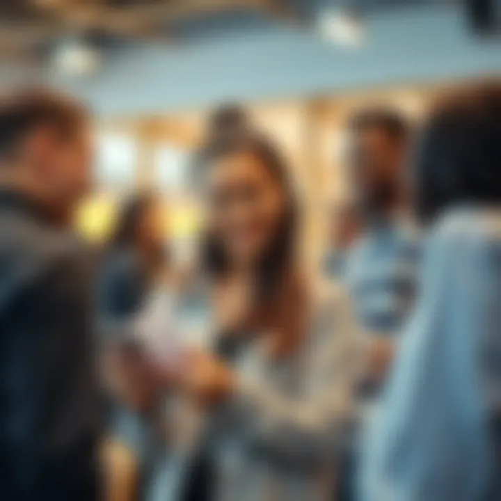 Positive Community Interaction A person smiling while checking earnings on a mobile device, surrounded by others discussing their experiences in a community setting.