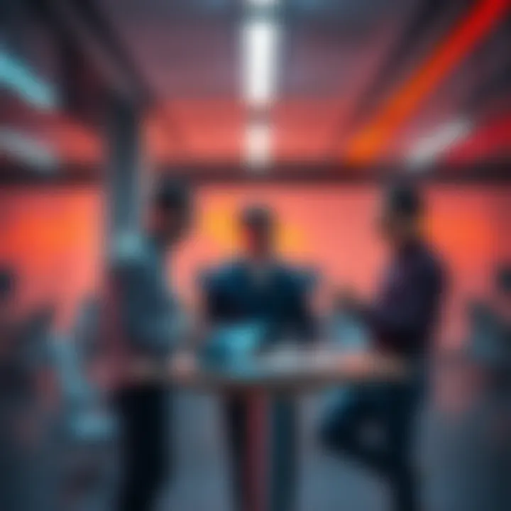 POSTHUMAN and Atom One team members discussing open-source services and liquidity polls in a modern office setting