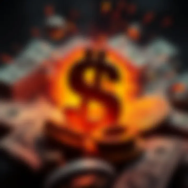 A representation of a digital dollar symbol battling traditional money, with Bitcoin imagery in the background.