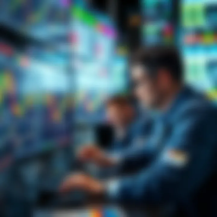 Traders analyzing price charts on a computer screen, looking for signs of major price changes, with focus on a graph showing spikes.