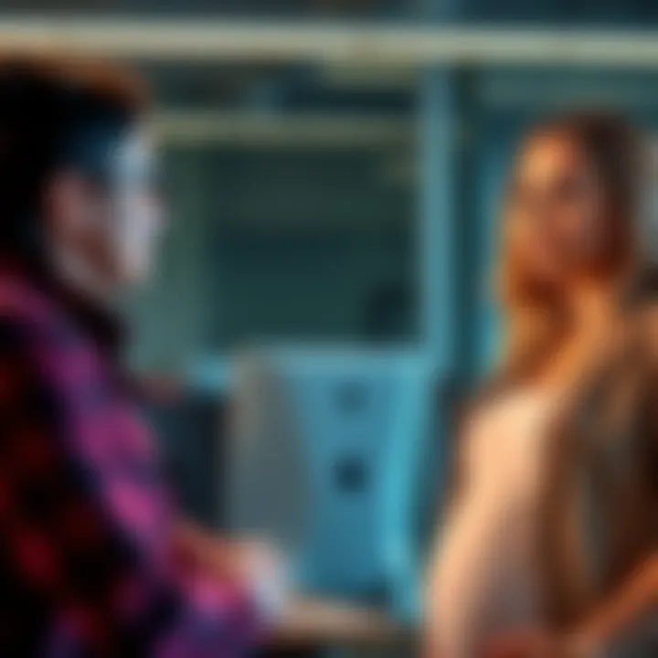Pregnant woman talking to HR A pregnant employee looks concerned while discussing a sensitive matter with an HR representative in an office setting.