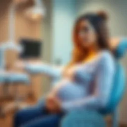 A pregnant woman sitting in a dental chair, looking concerned while discussing with a dentist