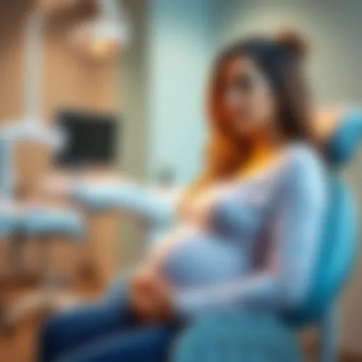A pregnant woman sitting in a dental chair, looking concerned while discussing with a dentist