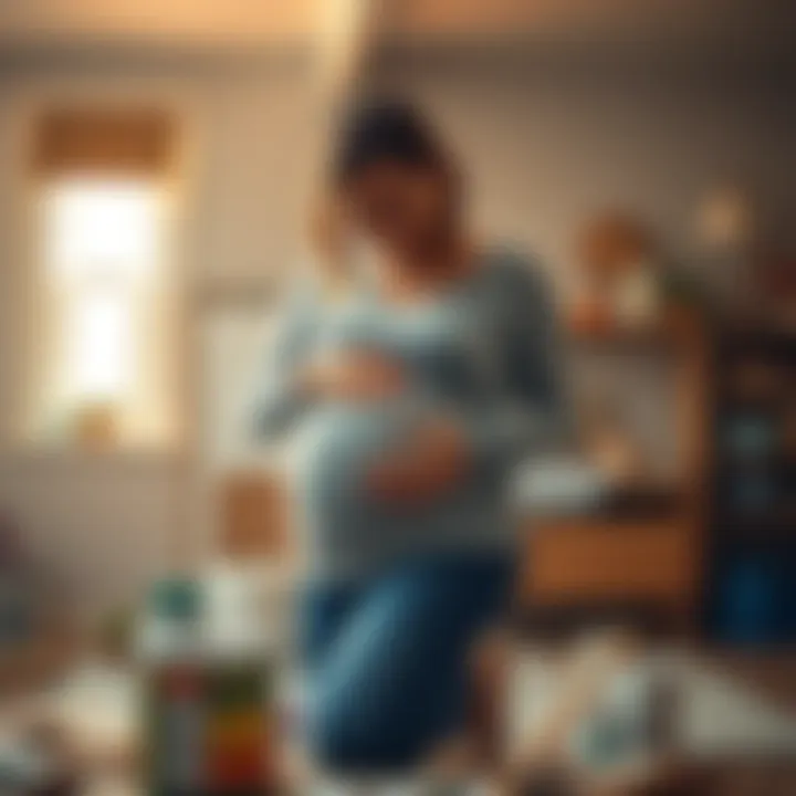 Pregnant woman working on home project A pregnant woman is painting a nursery, showing determination and energy, with supplies around her.