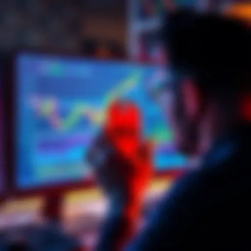 A person looking at a computer screen displaying crypto and stock charts with a price tag showing a discount