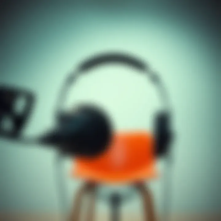 Close-up of a microphone with headphones, symbolizing pause in podcasting; an empty chair signifies Preston Pysh's absence.