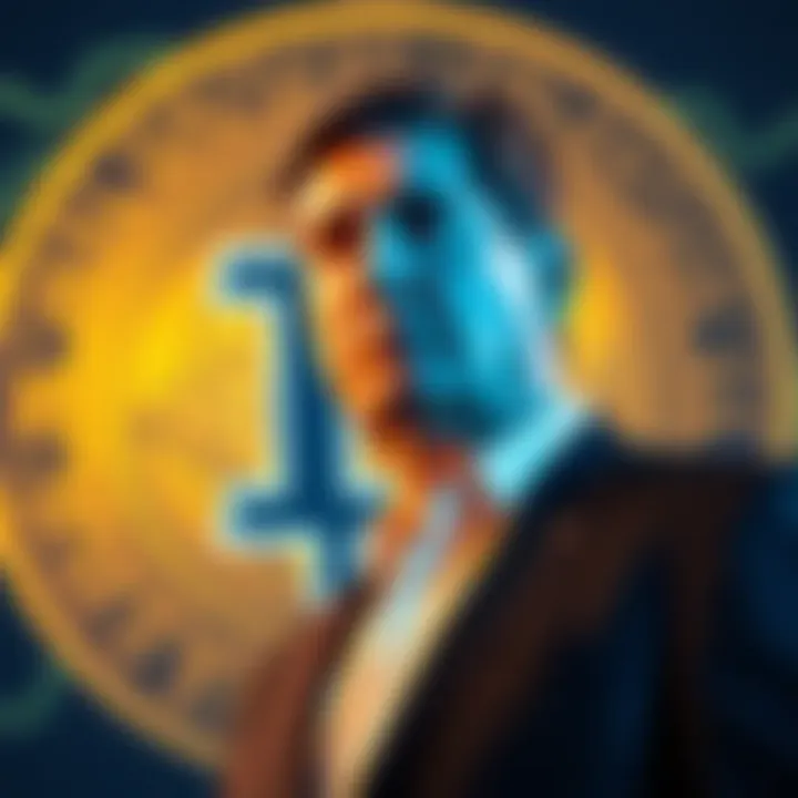 Governor Pritzker with Bitcoin graphic Illinois Governor J.B. Pritzker standing in front of a Bitcoin symbol, looking concerned about cryptocurrency issues in his state.