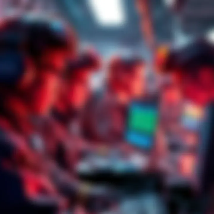 A group of miners looking at computer screens, analyzing data and bidding on NiceHash platform, showcasing the mining process.