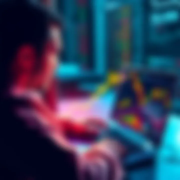 A person analyzing market trends on a laptop, focusing on cryptocurrency profits and investment strategies.