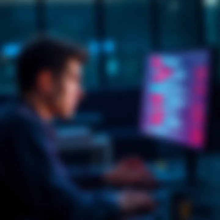 A frustrated programmer looks at a computer screen displaying AI-generated code, feeling uncertain about the future of programming.