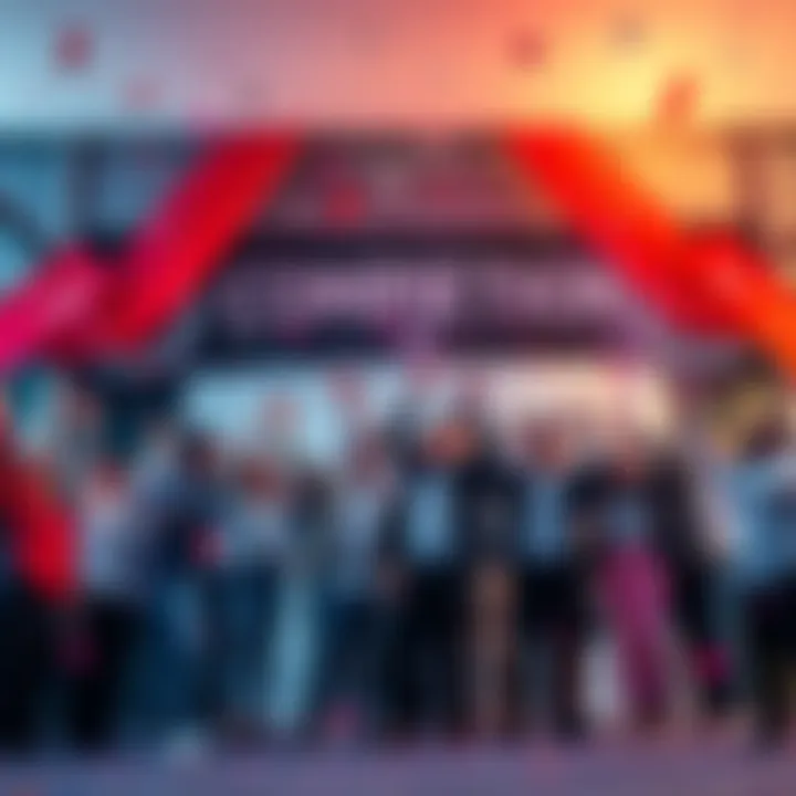 Project Completion Celebration A group of people celebrating the completion of a major project with banners and confetti