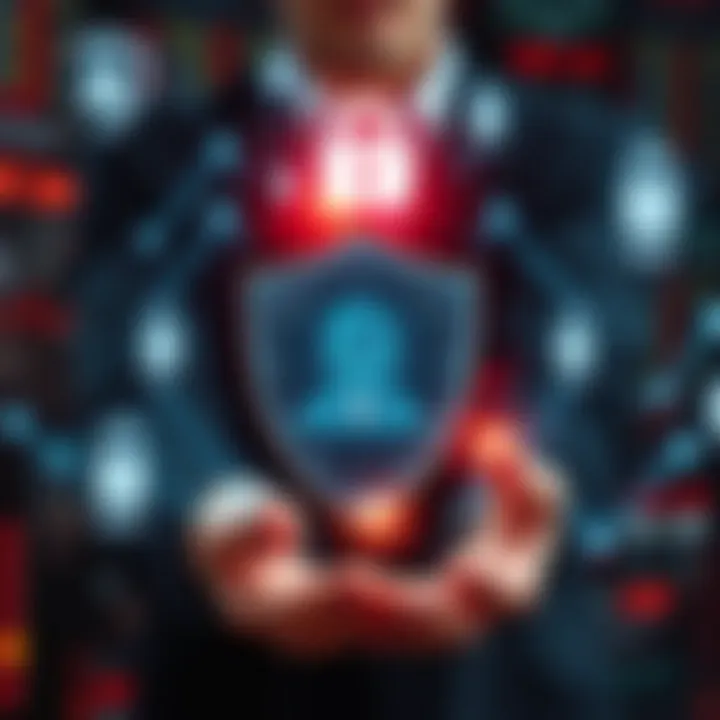 A person holding a shield symbolizing protection over personal information, with various icons of data like a lock and a computer in the background.