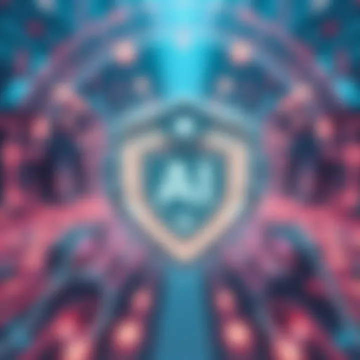 A futuristic illustration showing AI technology surrounded by a digital shield made of Distributed Ledger Technology and EQTY elements, emphasizing safety and security.