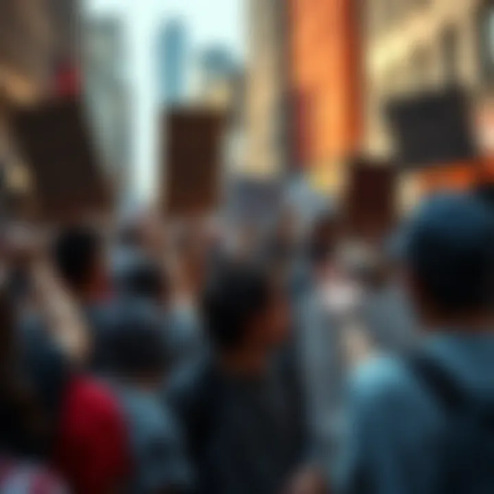 Crowd of people holding signs and expressing frustration in a city setting