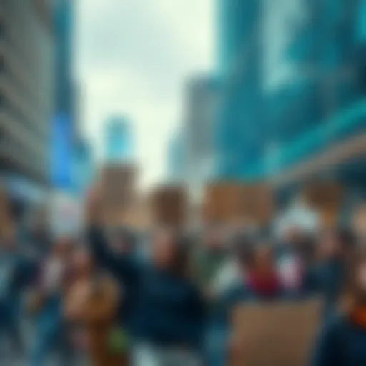 A diverse group of people protesting for financial reform, holding signs demanding change in the money system, in a city square.