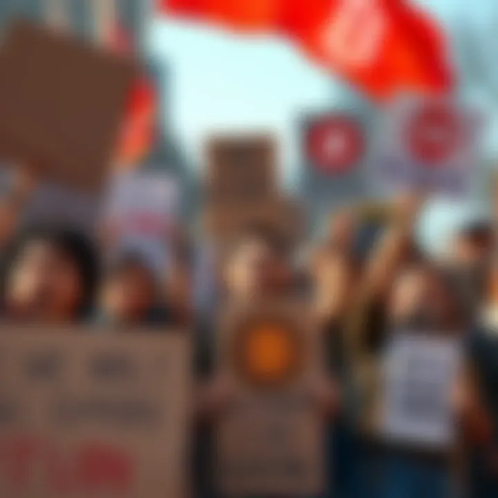 A group of protesters holding signs calling for change, with a mix of passionate expressions and Bitcoin symbols visible among their messages.
