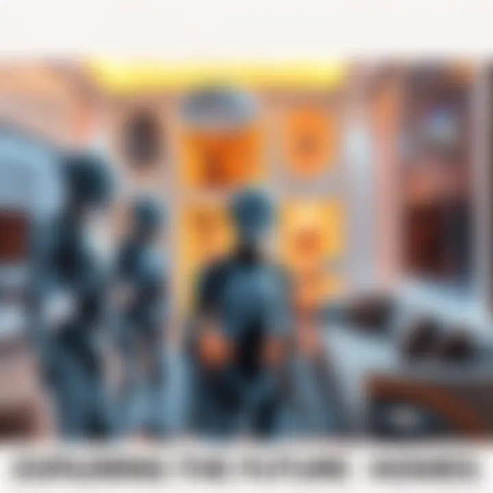 A group of protocol droids exploring various modern living spaces, showcasing their designs and technology.