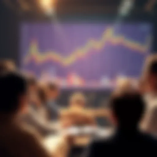 A group of people discussing cryptocurrency regulations with charts and graphs in the background