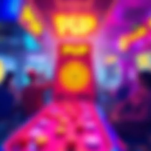 A vibrant arcade scene showcasing the PUP game with Dogecoin symbols and players enjoying the game.