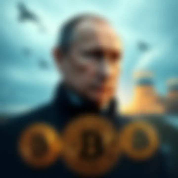 Vladimir Putin standing in front of the Zaporizhzhia Nuclear Power Plant, with Bitcoin symbols in the foreground, representing his crypto strategy in Ukraine.