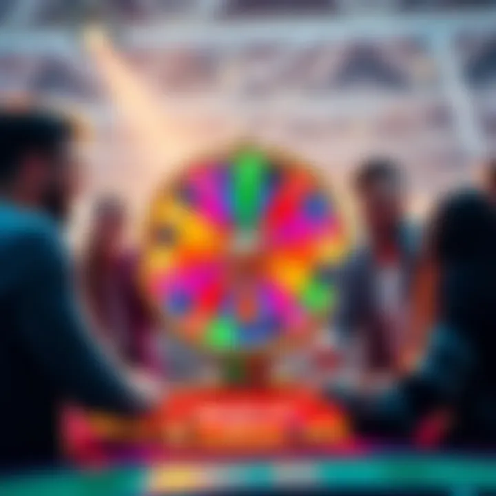 A player spins a colorful wheel while friends watch eagerly, excited about the outcome of their bets in a PVP crypto game.