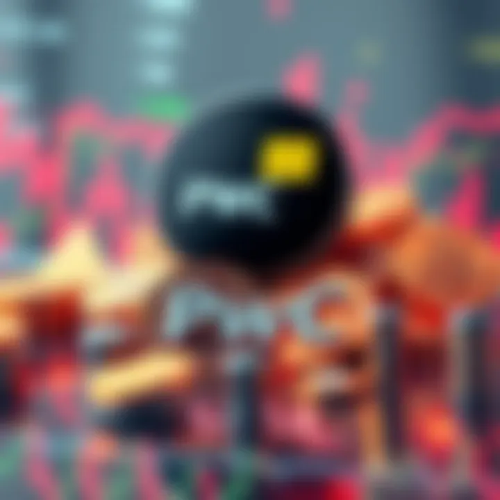 PwC logo surrounded by various cryptocurrency symbols and financial charts