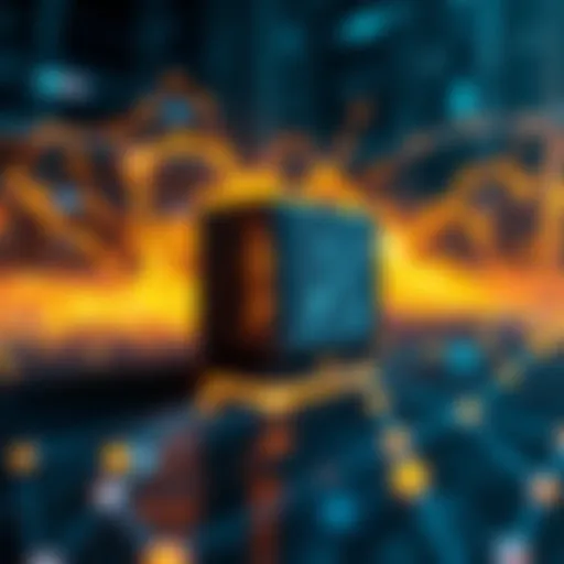 A visual representation of a quantum computer next to a blockchain network graphic, illustrating the threat to blockchain security from quantum computing.