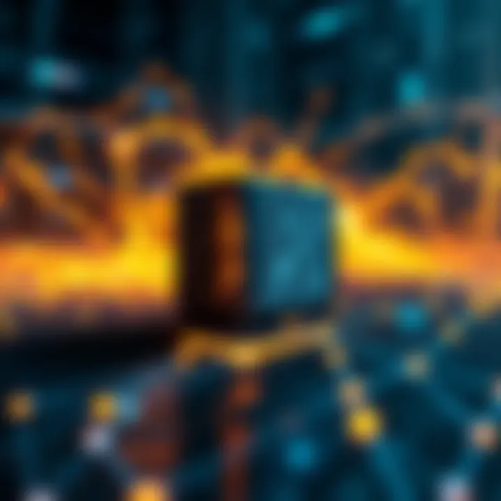 A visual representation of a quantum computer next to a blockchain network graphic, illustrating the threat to blockchain security from quantum computing.