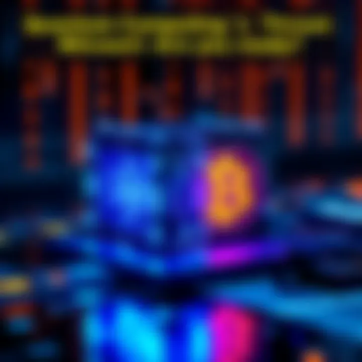 A quantum computer represented by a glowing cube alongside a Bitcoin logo, illustrating the potential threat to cryptocurrency security.