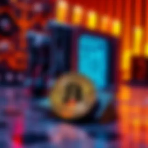 A quantum computer looming over a Bitcoin wallet, symbolizing the threat to cryptocurrency security.