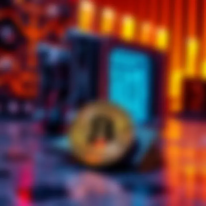 A quantum computer looming over a Bitcoin wallet, symbolizing the threat to cryptocurrency security.