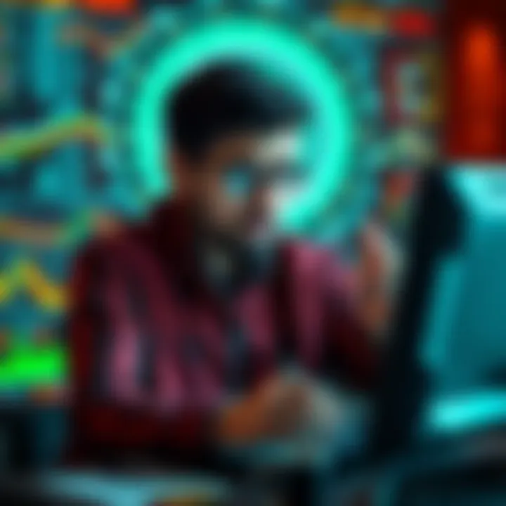 A worried individual analyzing cryptocurrency charts on a computer with a digital representation of quantum computing in the background