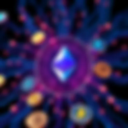 A visual representation of quantum computing impacting digital currency symbols, highlighting Ethereum and other cryptocurrencies with a dark background.