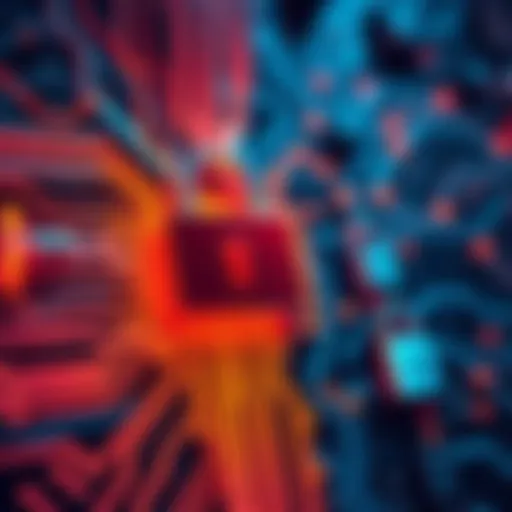 An illustration showing a computer circuit with quantum symbols and digital locks representing security challenges.