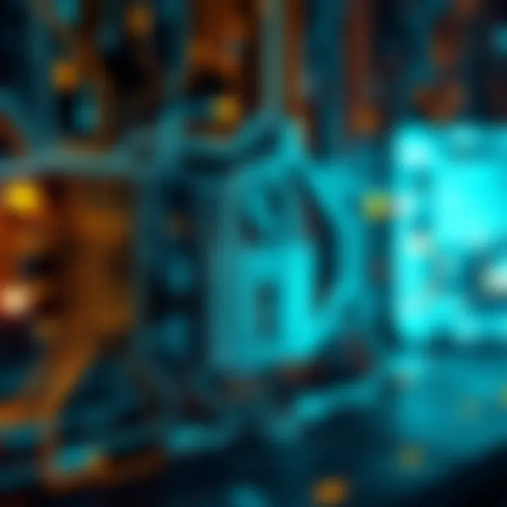 A representation of quantum computing technology highlighting its impact on cryptography with a visual of secure digital lock symbols and computer network graphics.