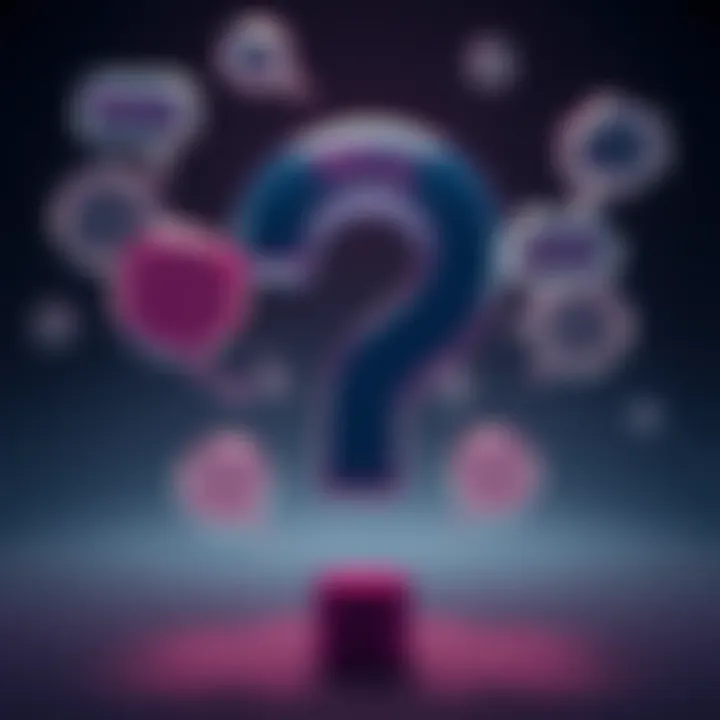 A large question mark surrounded by smaller thought bubbles representing different fields like philosophy and science.