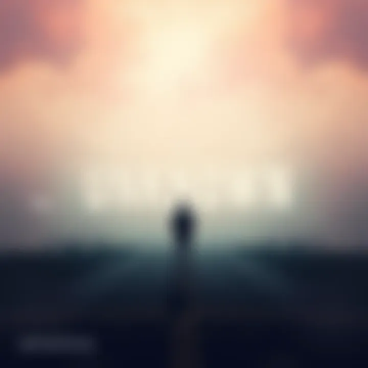 A person standing at a crossroads, pondering which path to take, with fog obscuring the view ahead.