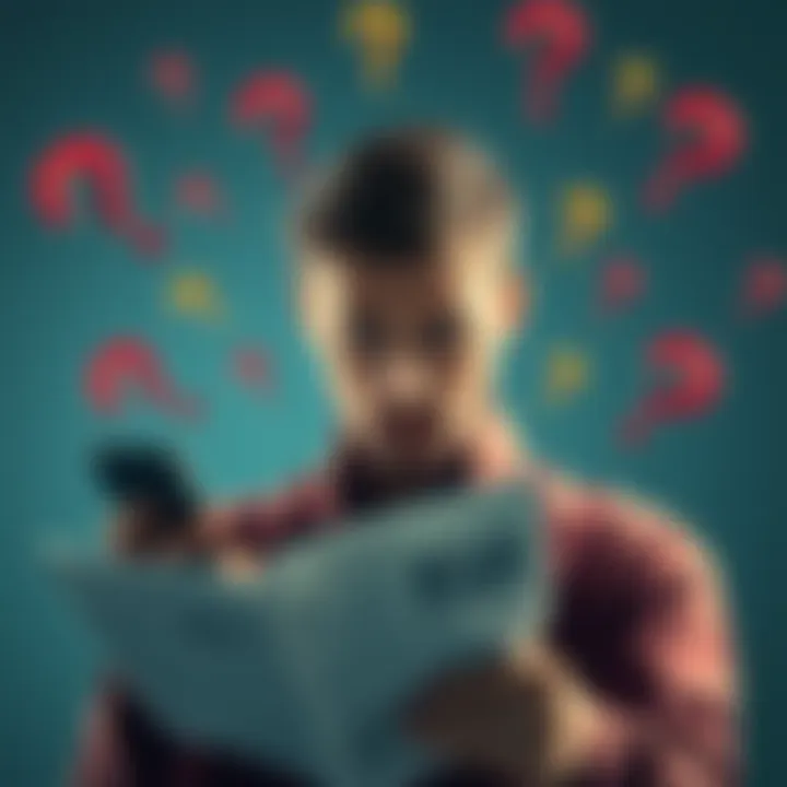 A person looking skeptical while reading news on a phone, surrounded by swirling question marks, symbolizing doubts about reality.