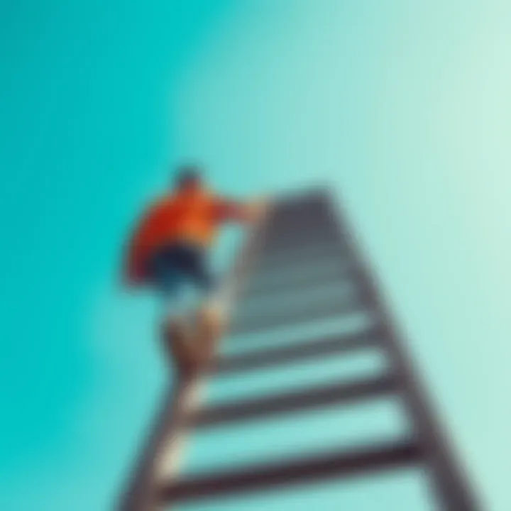 A person climbing a ladder with a clear blue sky in the background, symbolizing reaching goals quickly.