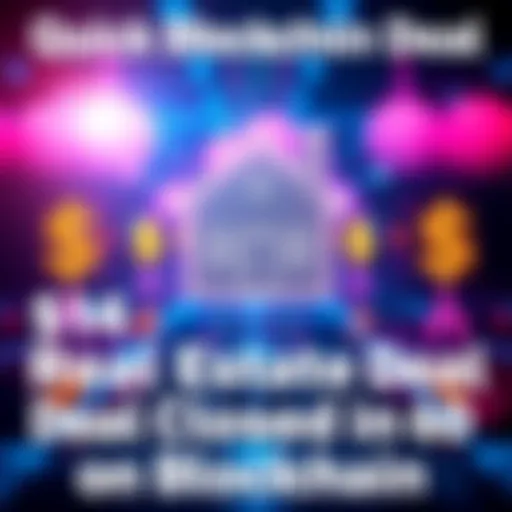 A visual representation of a digital transaction on the blockchain, showing a house icon and dollar signs, symbolizing a fast real estate deal.