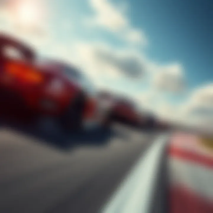 Race cars speeding on a track A thrilling scene of race cars competing at high speed on a sunny day, showcasing the excitement of motorsports.