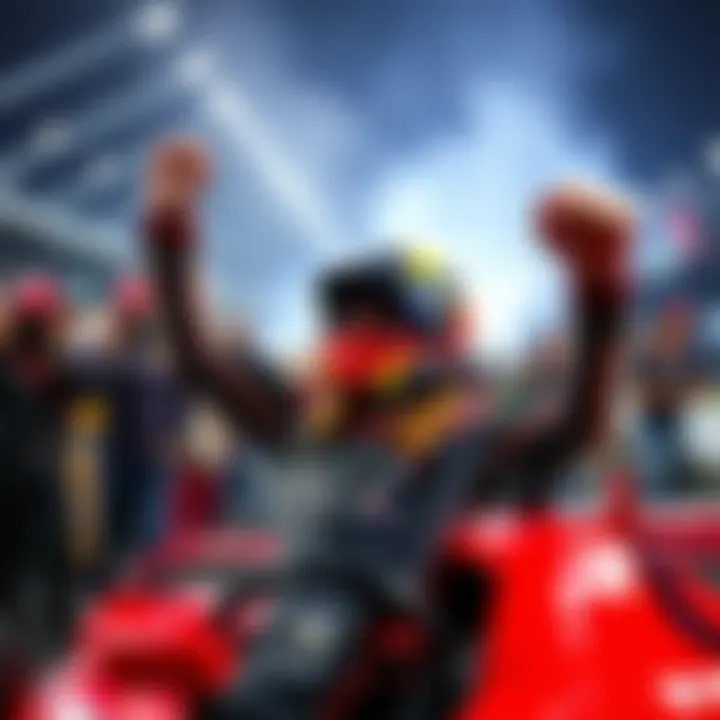 A race car driver celebrates after winning multiple races in quick succession during an event, surrounded by a stunned crowd.