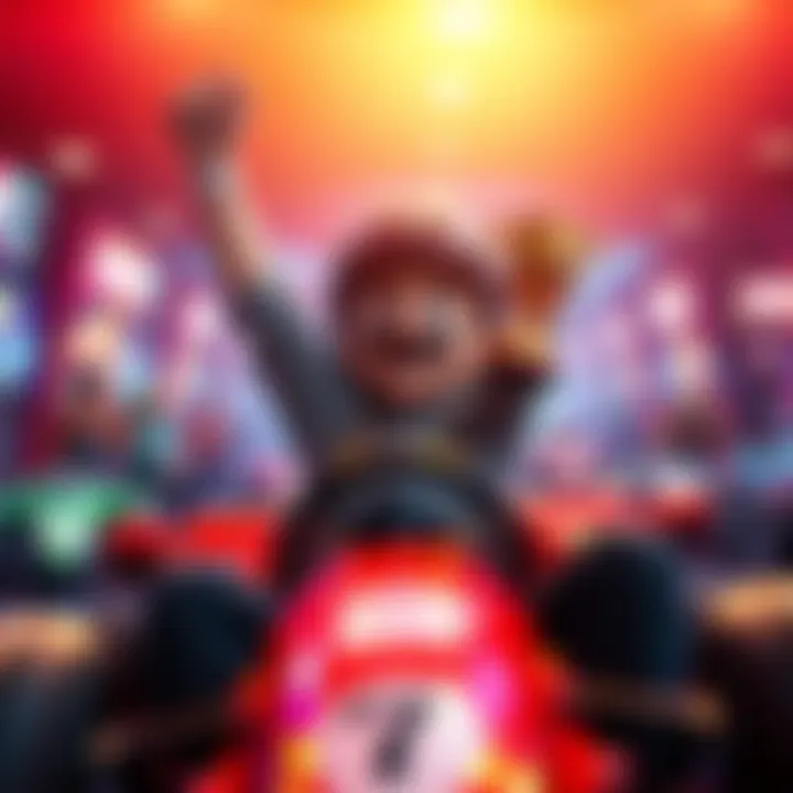 A player celebrating victory in the Racer Minigame with a trophy in hand, surrounded by colorful racing graphics.
