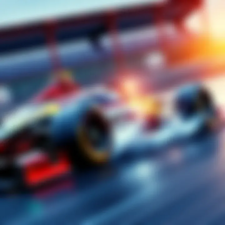 A dynamic racing car speeding on a track, showing its sleek design and vibrant colors, capturing the thrill of competition.