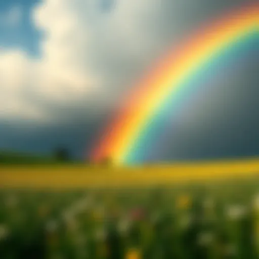 A vibrant rainbow arcs across a sunny field with flowers, symbolizing hope and folklore.