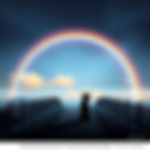 A serene view of a rainbow bridge with a silhouette of a dog sitting peacefully at one end, symbolizing love and loss.