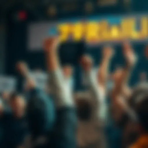A group of excited people holding signs and cheering with raised fists during a financial rally, showing their confidence and commitment to growth.
